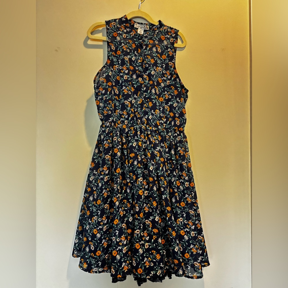 Girls sleeveless dress navy with flower